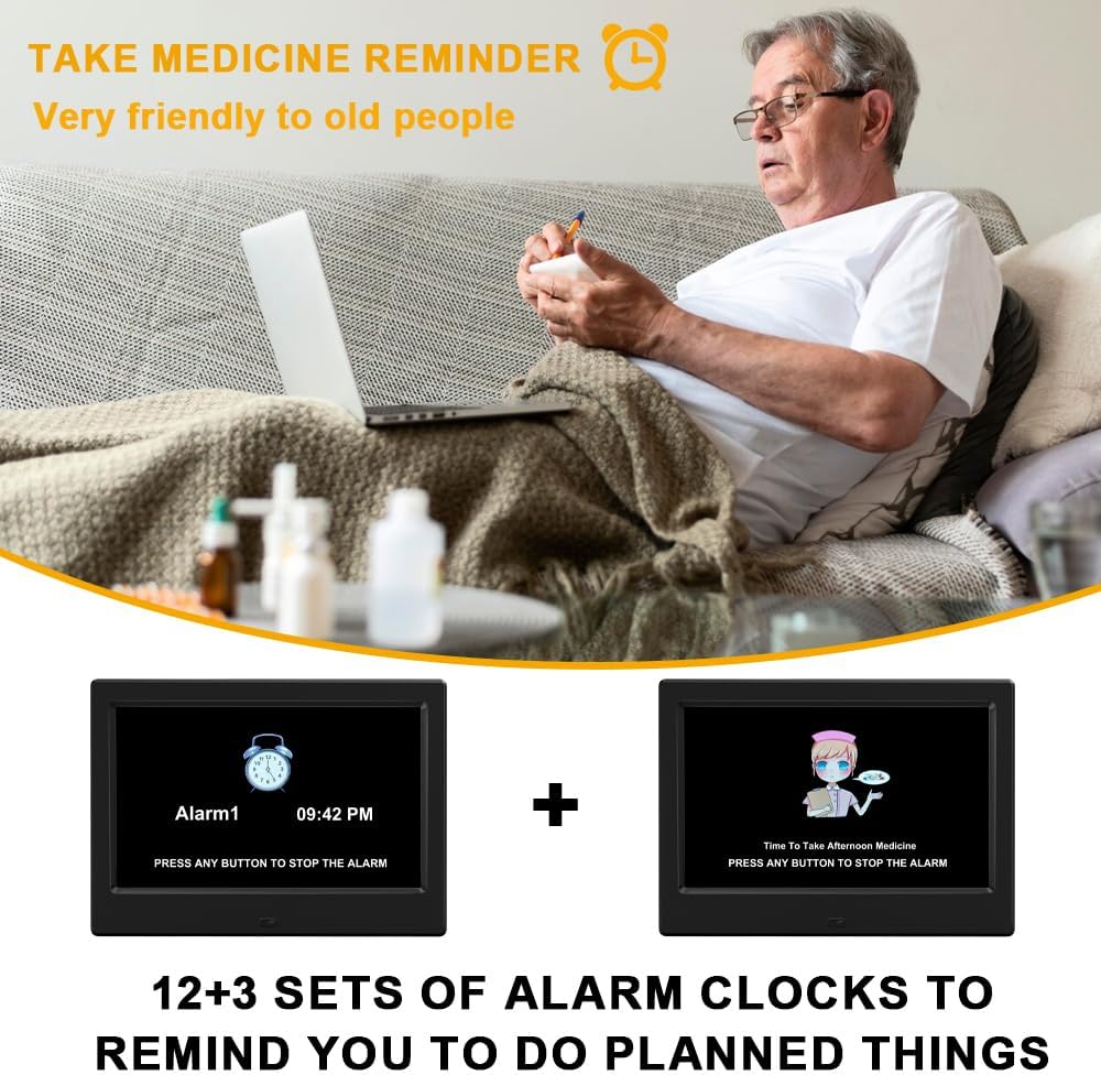 Alarm Clock with Day and Date for Elderly Digital Calendar Clock Photo Frame- Auto Dimmable Display 15 Alarm Options (7inch Black)
