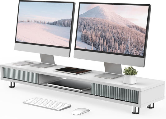 Fenge Dual Monitor Stand, 42.5inch Long Monitor Stands Riser for 2 Monitors, Sliding Door with Storage Organizer Stand for Desk, 2 Tier Desk Shelf for Laptop, Pc, Printer, Computer, TV