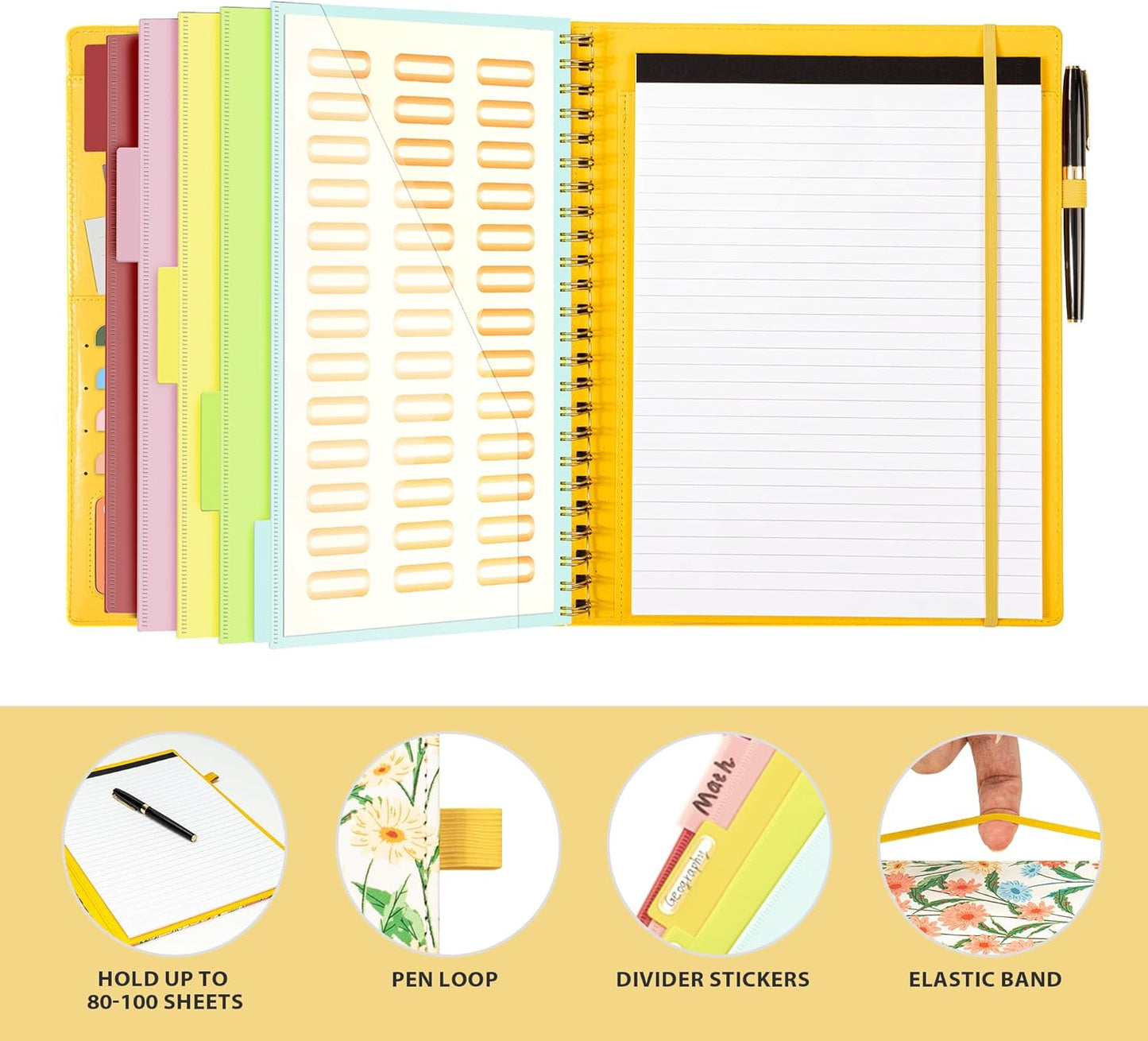 Clipboard with Storage for Men Women, Leather Padfolio Portfolio Organizer 5 Folders with 10 Pockets, Spiral Clipboard Folio with Notepad for Letter Size, Elastic Closure and Pen Loop Floral