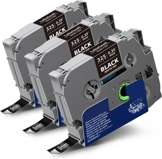 9mm 0.35 Inch Laminated White on Black Compatible with P Touch Label Tape TZ TZe-325 TZe325 Refills for Ptouch PT-H110 D200 D210 D220 D400 D610BT H103W Label Maker, 3-Pack