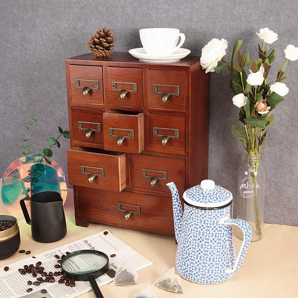 Apothecary Drawers Wooden Apothecary Cabinet with Drawers & Labels Rustic Library Card Catalog Cabinet Wooden Storage Box Desktop Organizer Herbal、Tea Bag、Jewelry Storage(Brown)