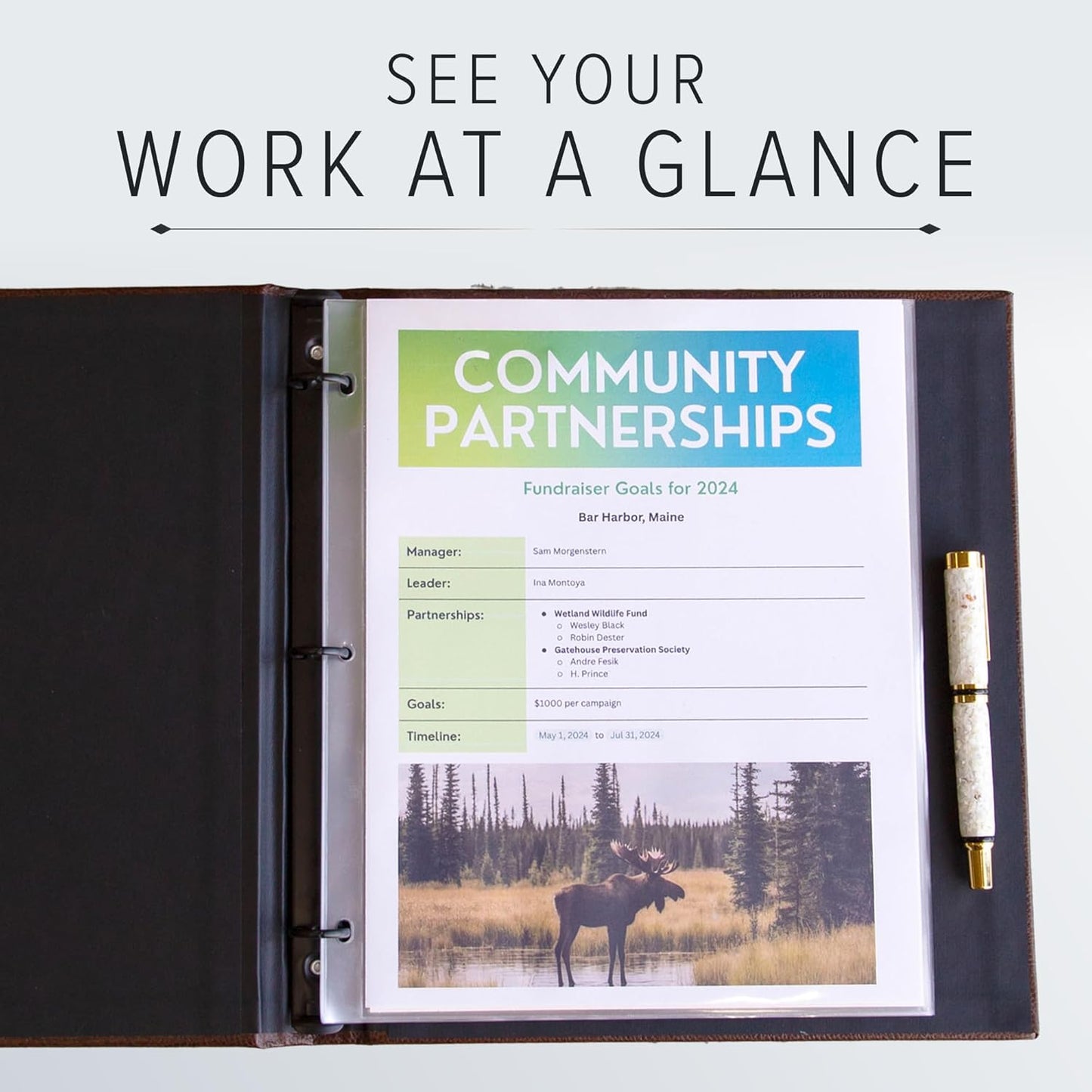 Gallery Leather 3 Ring Binder with Plastic Sleeves, Includes 10 Sheets, Sheet Size: 8.5" x 11" - Presentation Binder Rings with Window and Hubbed Spine, Thick: 0.75" Camden Red