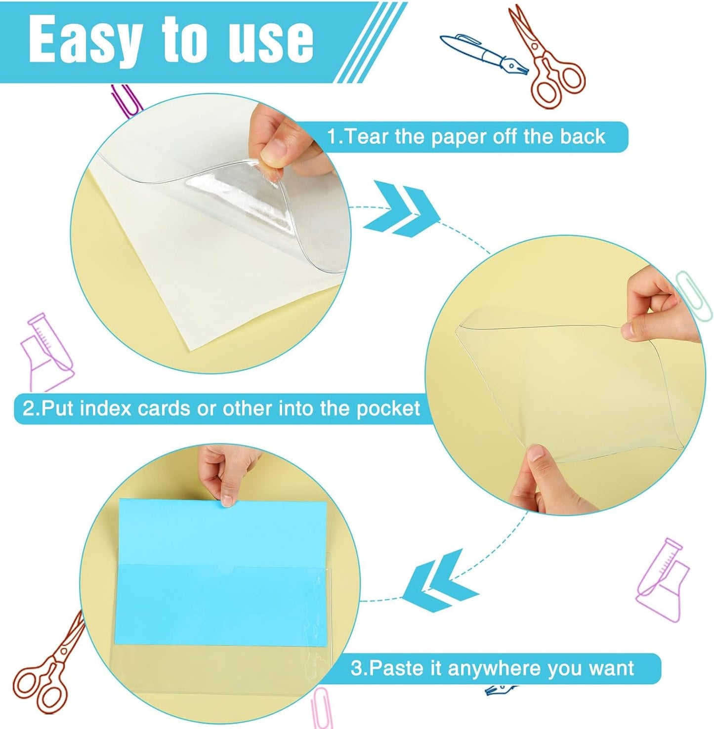 30 Pack Self-Adhesive Index Card Pockets with Top Open for Loading - Ideal Index Card Holder for Organizing and Protecting - Crystal Clear Plastic (5.8 x 8.7 Inches)