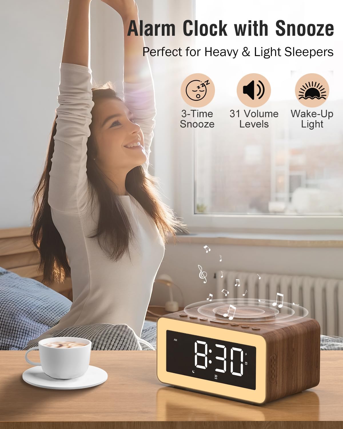 Alarm Clock with Wireless Charging, White/Brown Noise Sound Machine, Bluetooth Speaker Night Light, Wooden Digital Alarm Clocks for Bedrooms,Wireless Charger for iPhone, Birthday Gifts for Men Women