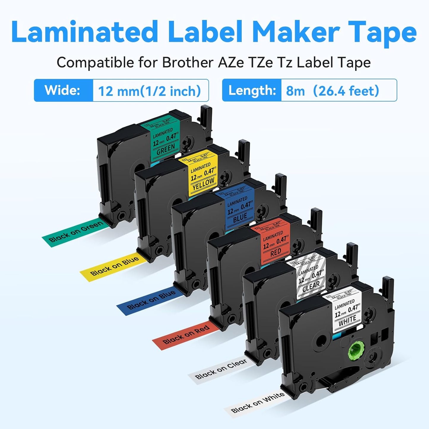Compatible with Brother Label Maker Tape Refill Multi Color Tze TZ Tape 12mm 0.47" Laminated TZe 131 231 431 531 631 731 Replacement for Brother P-Touch PT-D210/D220/H110/D410 Label Makers, 6PK