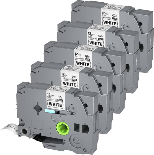 5Pack TZe-231 Tape Label Maker Compatible with Brother P-Touch TZe-231 Tape, TZE231 ½” 0.47”x 26.2 ft Laminated Black on White, for use with PT-D210, PT-H110, PT-D220, PT-D410, PT-D600