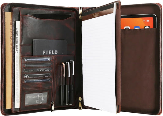 Handmade Genuine Leather Portfolio Organizer for IPad/Document, Business Padfolio with A4 Leather Notepad Holder, Leather Compact Folder Conference Portfolio for Men and Women, Red Brown
