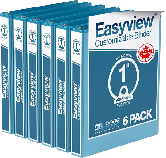 Easyview Premium 3-Ring Binders with Clear-View Covers and Round Rings, Binders for School or Office, 1 Inch, Pack of 6, Turquoise
