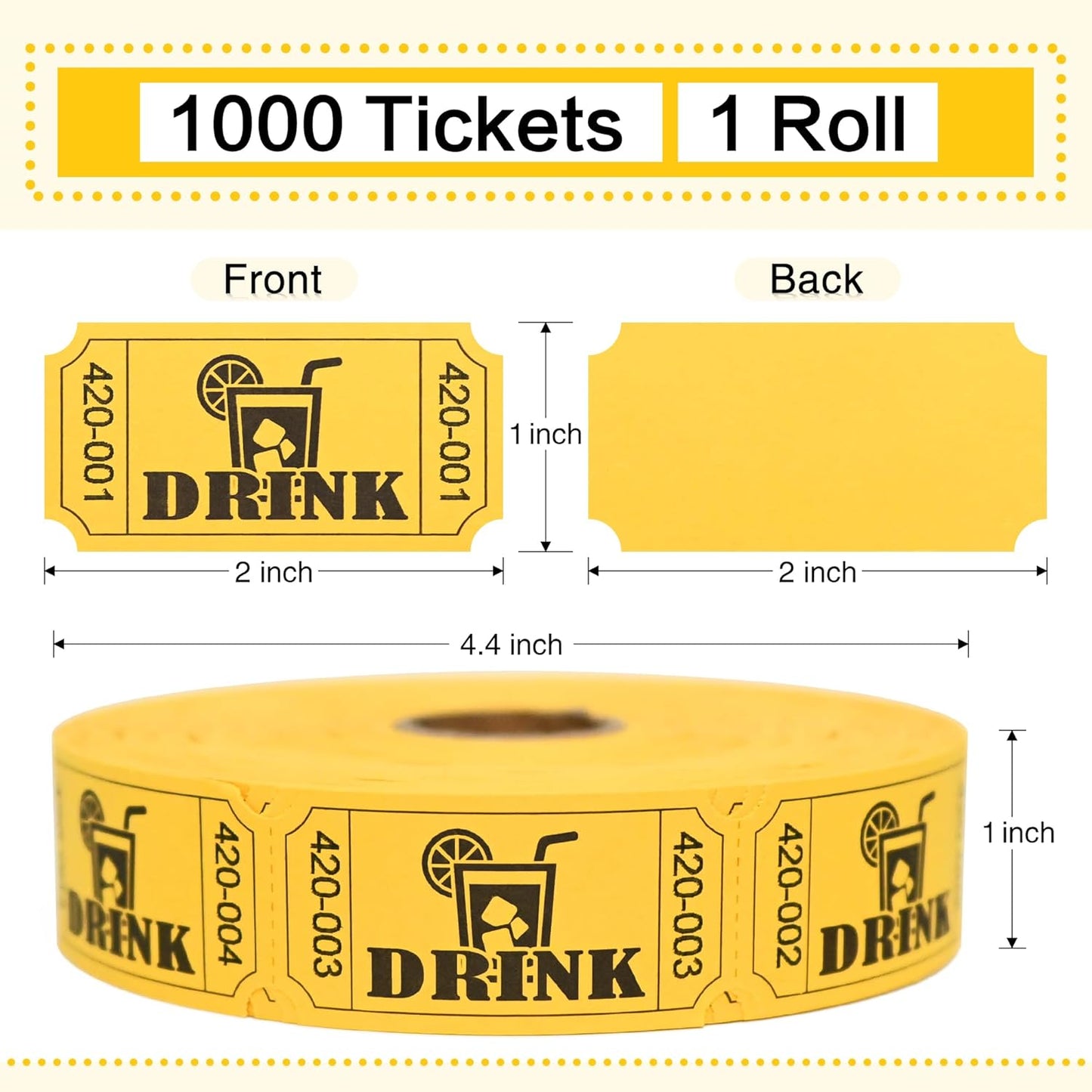 ESSENTIAL 1000 Raffle Tickets Rolls, Drink Tickets Single Roll for Events, Leisure, Movie Watching, Entertainment, Class Reward & Prizes (Yellow - 5 Color Selection)