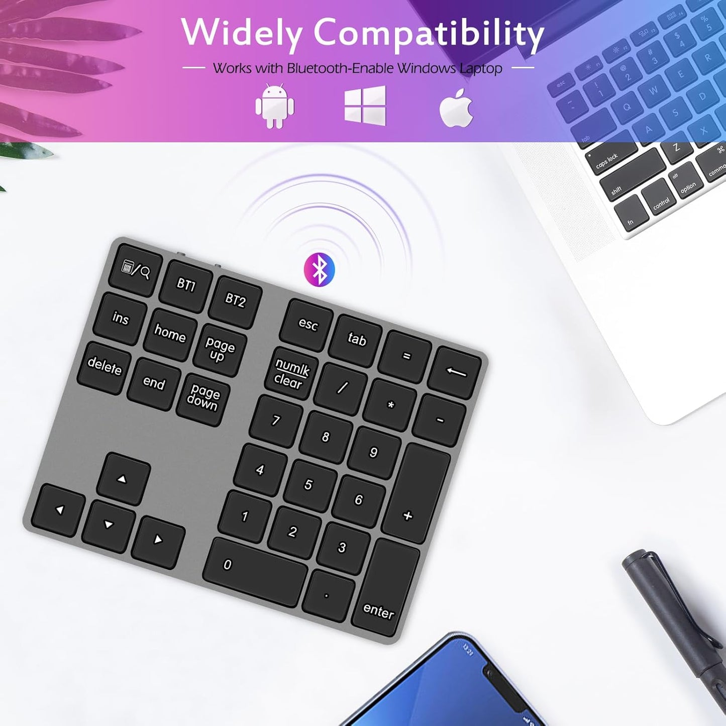 Foloda Bluetooth Number Pad for Laptop, Wireless 10 Keys USB Number Keypad, Rechargeable Numeric Keypad Numpad Extensions Data Entry Keyboard for PC iMac MacBook Notebook