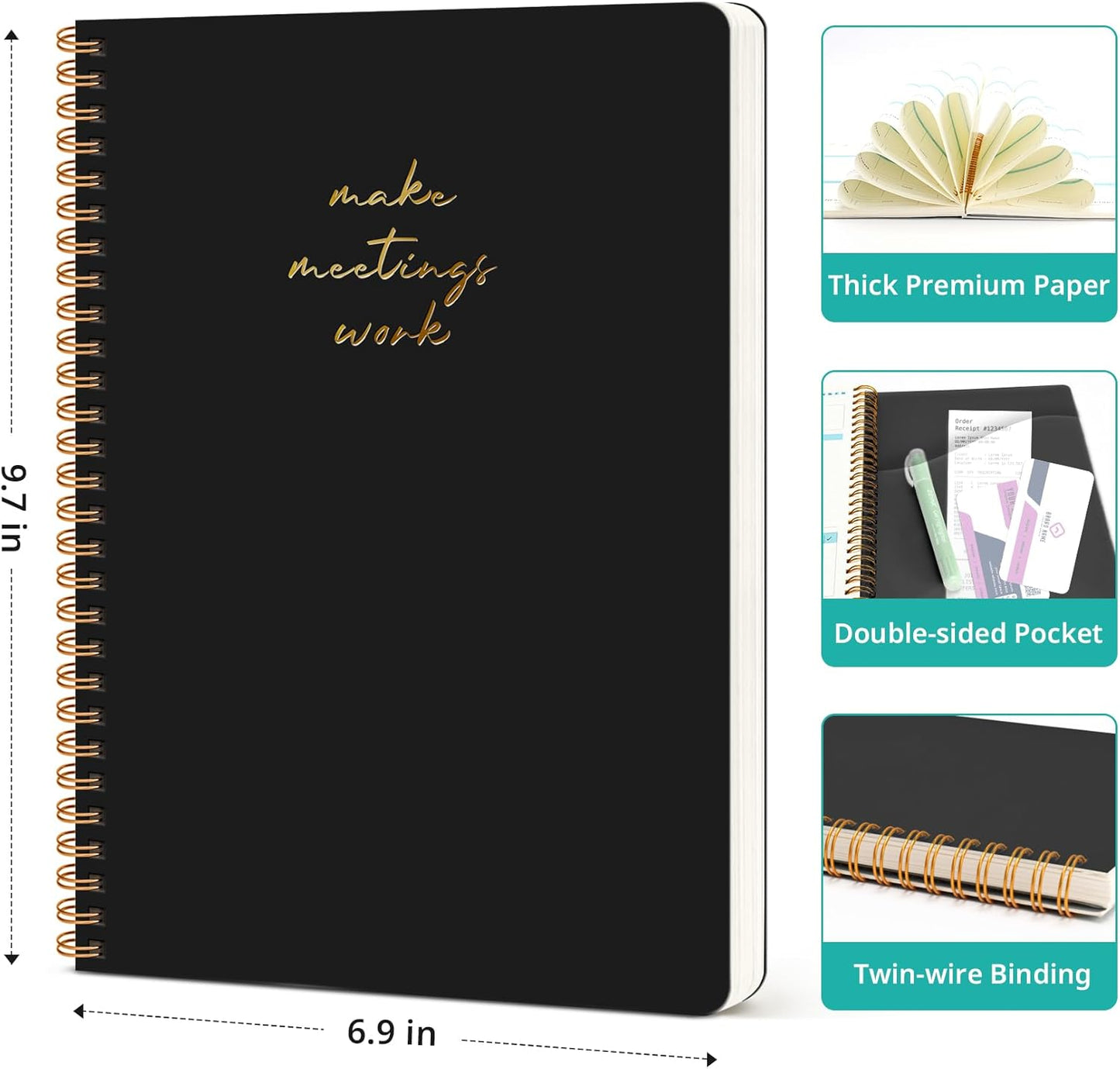 6 Pack of Meeting Notebook for Work Organization - Work notebook with action items, Meeting Minutes Planner Notebook, Perfect Office Supplies for Men & Women - Black