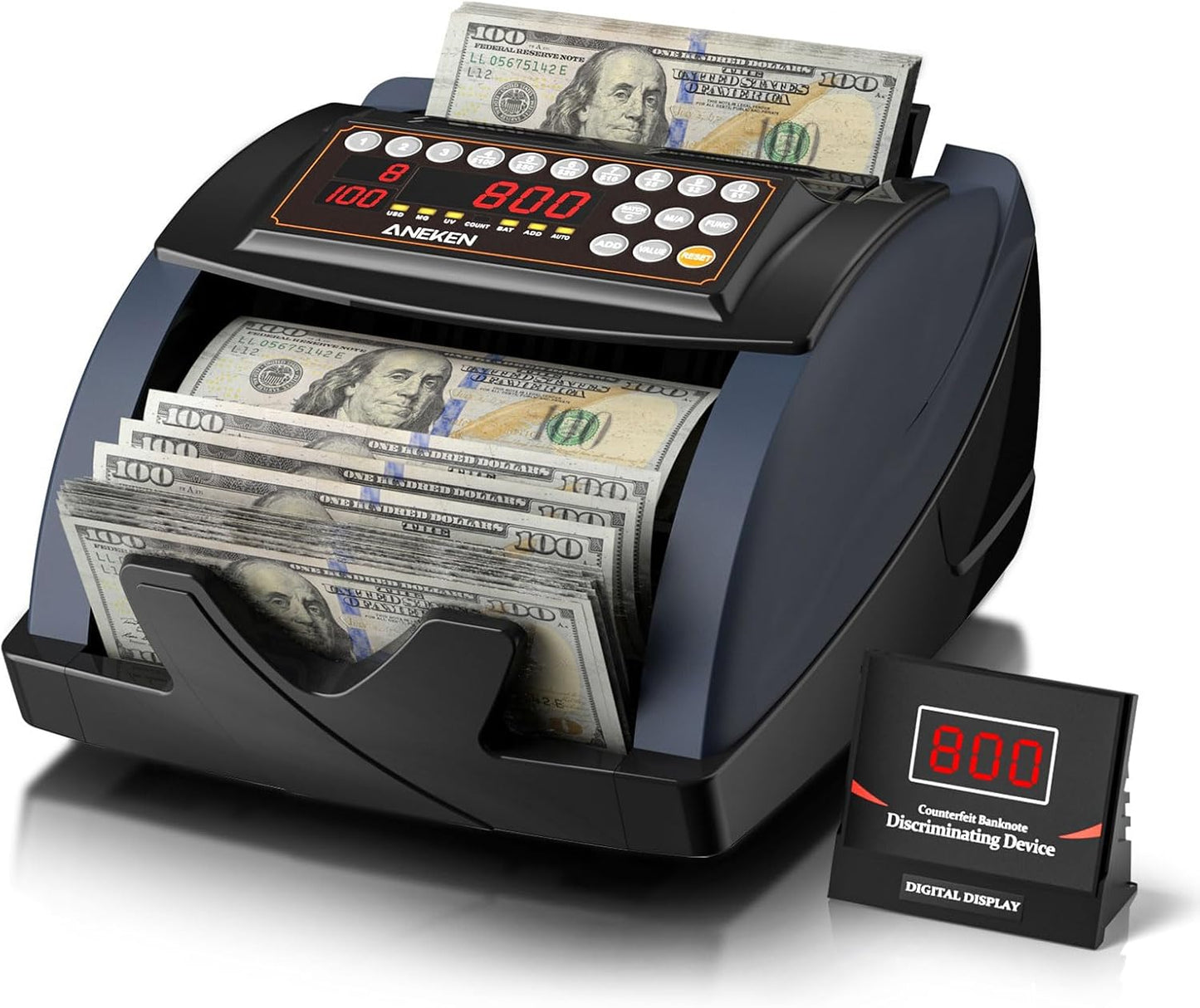 Aneken Money Counter with Value Count, UV/MG/IR Counterfeit Bill Detection for Dollars Euros with Count/Add/Batch/Auto Modes, Cash Counter with External LCD Display