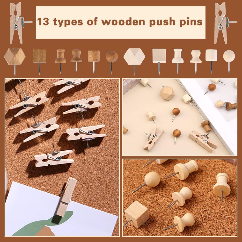 180 Pcs Wood Push Pins, 2 Colors and 7 Types Decorative Thumb Tacks Wooden Head Pin Map Tacks Marking Pin, Wood Thumb Tacks Decorative for Bulletin Boards Craft Projects with Storage Box