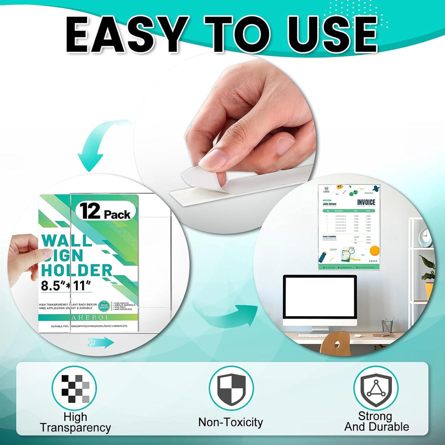 Aheroi Acrylic Sign Holder 8.5 x 11, 12 Pcs Clear Document Frame with Adhesive Tape, No Drilling Plastic Wall Mount 8.5 x 11 Acrylic Hanging Frame Plastic Sign Holder for Office Business Menu Store