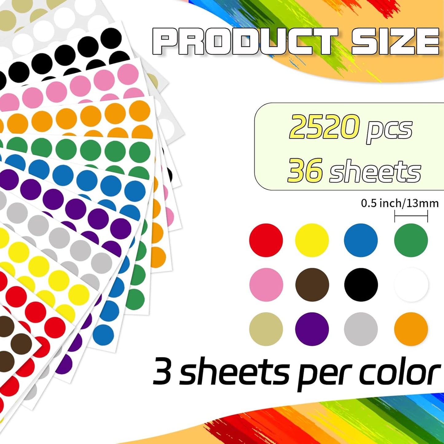 2520 PCS Colored Dot Stickers, 1/2'' Small Colored Dot Stickers Round Labels - 12 Colors
