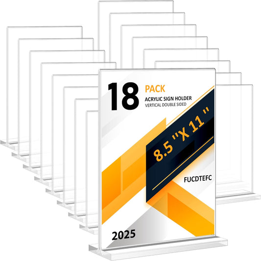 8.5x11 Acrylic Sign Holder 18 Pack, Vertical Double-Sided Display Standing, Clear Plastic Sign Holder Paper Flyer Menu Brochure Holders 8.5x11 inches for Restaurants, Office, Store