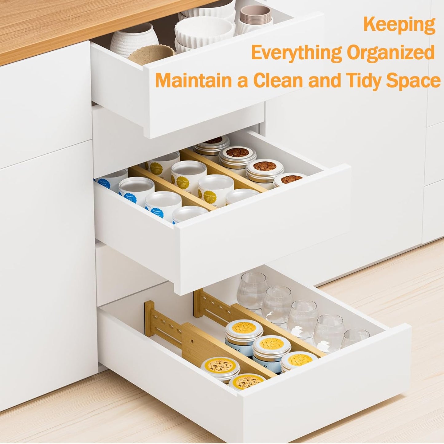 Bamboo Drawer Dividers 4" High, 16.5-22" Adjustable Drawer Organizers for Clothes,Expandable Dresser Separators in Bedroom/Kitchen/Bathroom/Office Organization and Storage,6 Pack