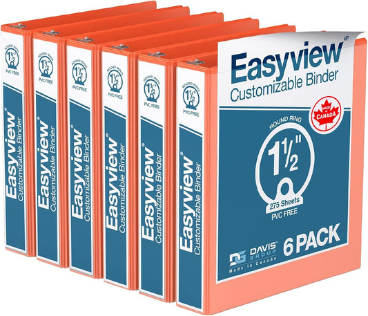 Easyview Premium 3-Ring Binders with Clear-View Covers and Round Rings, Binders for School or Office, 1.5 Inch, Pack of 6, Orange