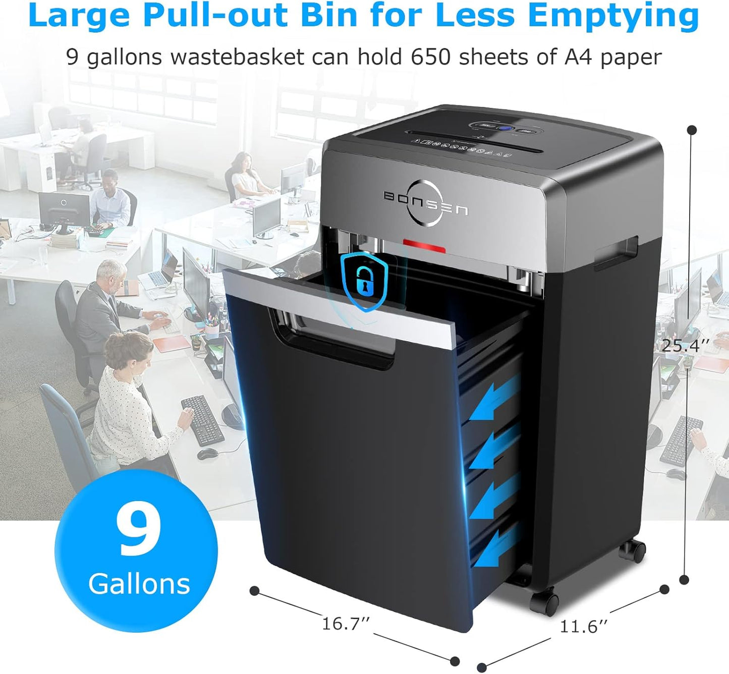 BONSEN Heavy Duty Paper Shredder, 24-Sheet Cross-Cut Shredder, 40-Min Continuous Running Time, Commercial Grade Shredder for Office, 9-Gallon Big Basket, 55dB Super Quiet, P-4 High Security (S3105)