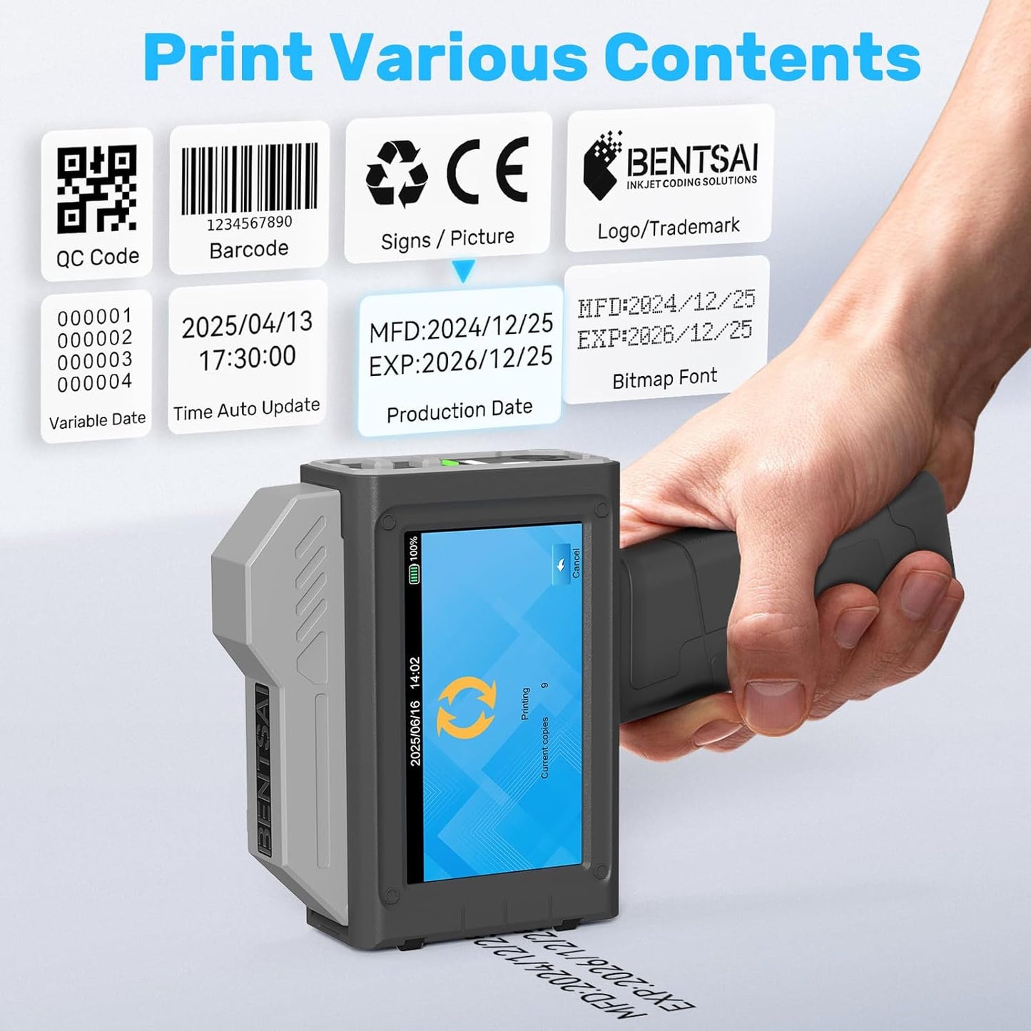 BENTSAI Handheld Inkjet Printer BT-HH6210BL 1 Inch Printhead Date Coder with 42ml Fast Dry Ink for Batch Number Expiry Date QR Code Barcode Logo on Any Surfaces to Use on Conveyor Line for Auto Print