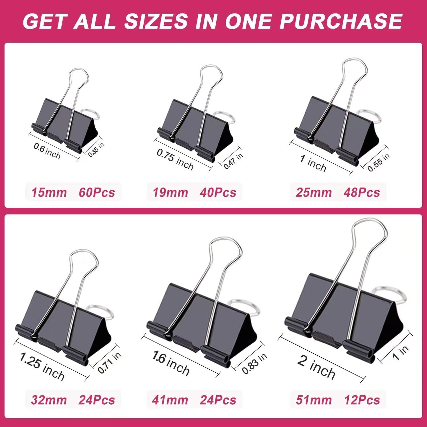 208 PCS Binder Clips Paper Clamps Assorted Sizes, Metal Paper Binder Clip, Black Binding Paperwork Clamp Bulk, Office Supplies for School Teachers