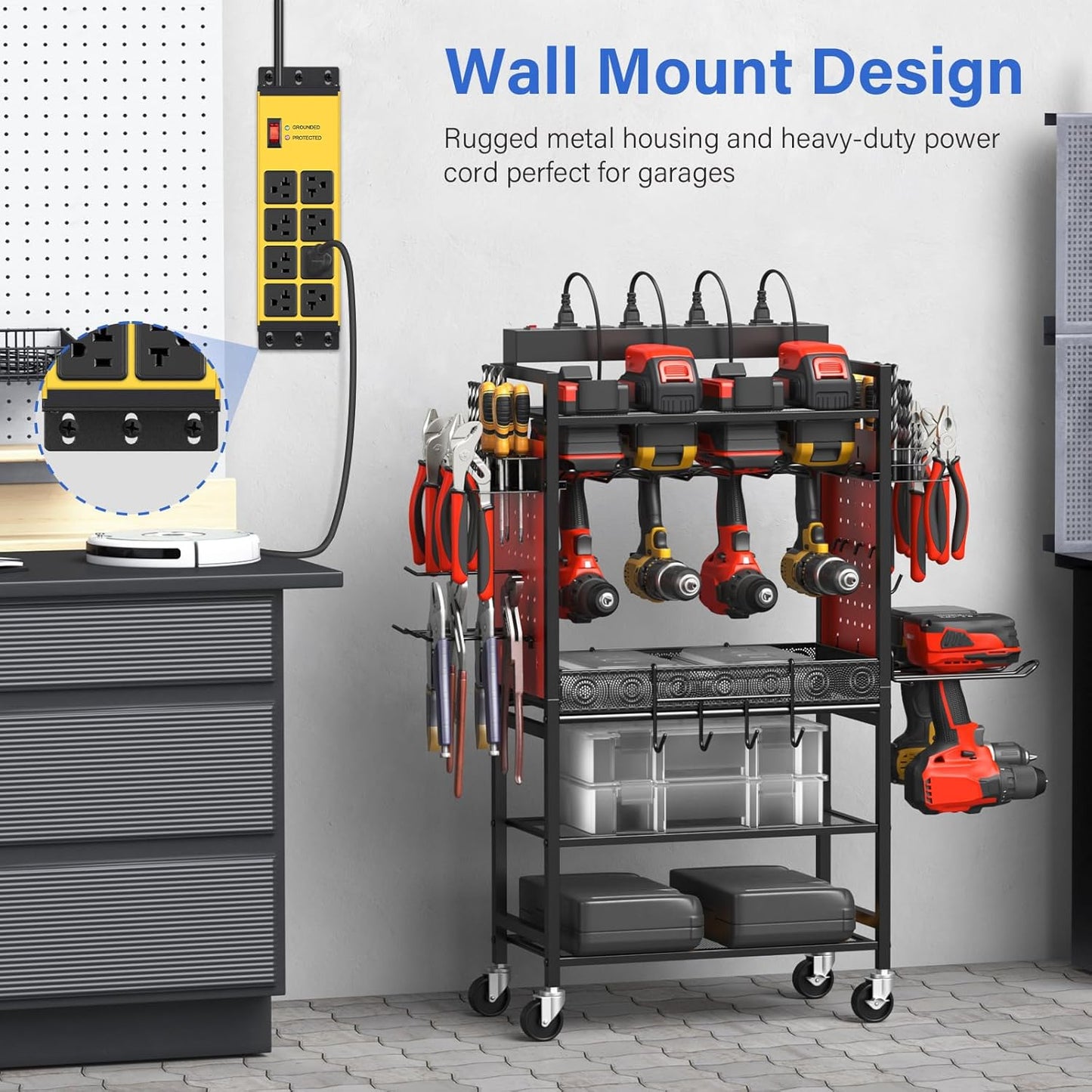 CCCEI Yellow Heavy Duty Power Strip Surge Protector 20 AMP, 8 Outlets 12 Gauge Industrial Shop Garage Metal Multiple Outlets, 15FT Extension Cord 5-15P Adapter High Amp 6-20R T-Slot 20a for Appliance