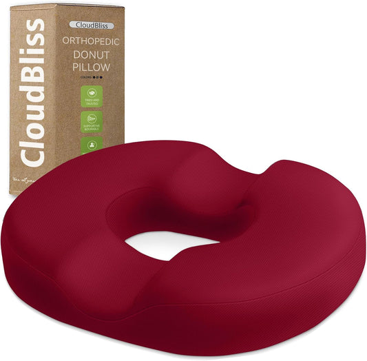 CloudBliss Donut Pillow Seat Cushion Chair Pad for Tailbone Pain Relief and Hemorrhoids, Memory Foam Seat Chair Cushion for Men and Women for Home & Office, (Red)