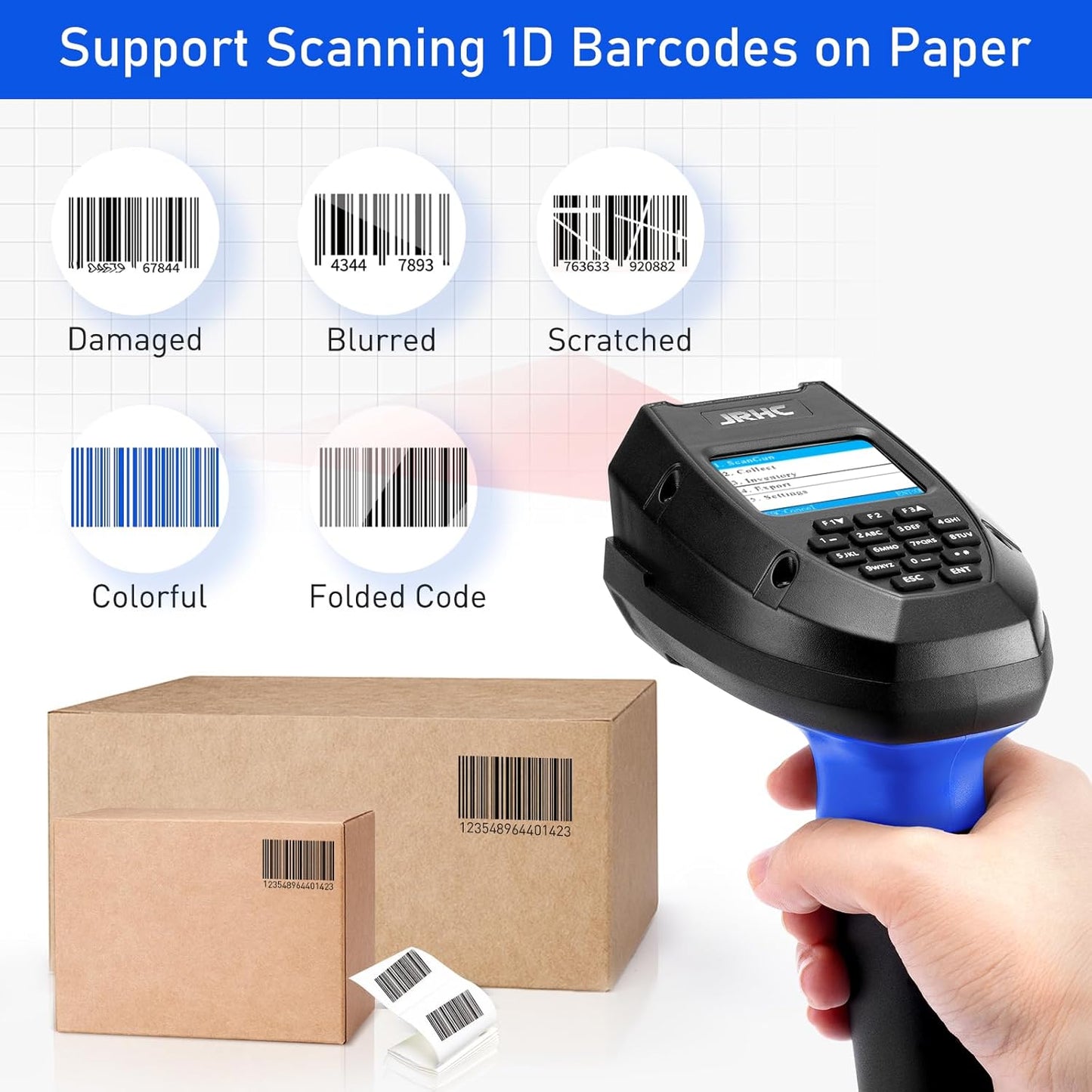 Inventory Scanner Wireless, JRHC 1D Laser Barcode Scanner with Charging Base Barcode Reader Data Terminal Data Collector 2- in -1 USB Connection & 2.4G Wireless Bar Code Scanners with Screen
