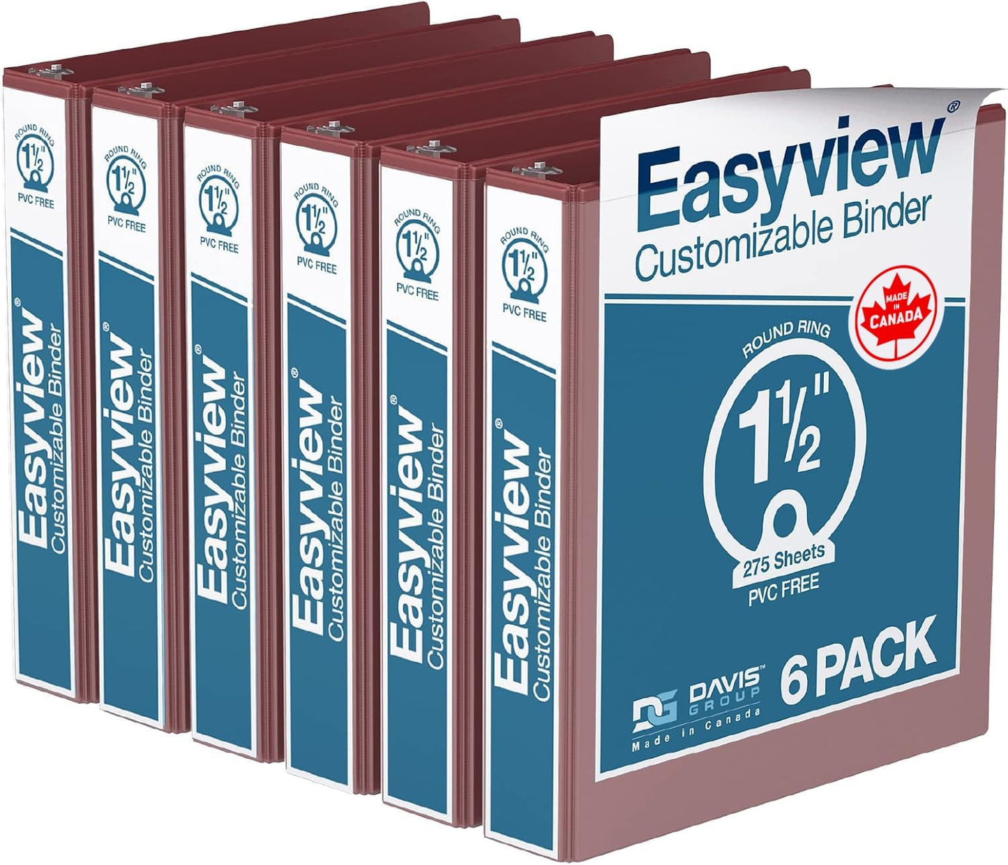 Easyview Premium 3-Ring Binders with Clear-View Covers and Round Rings, Binders for School or Office, 1.5 Inch, Pack of 6, Burgundy