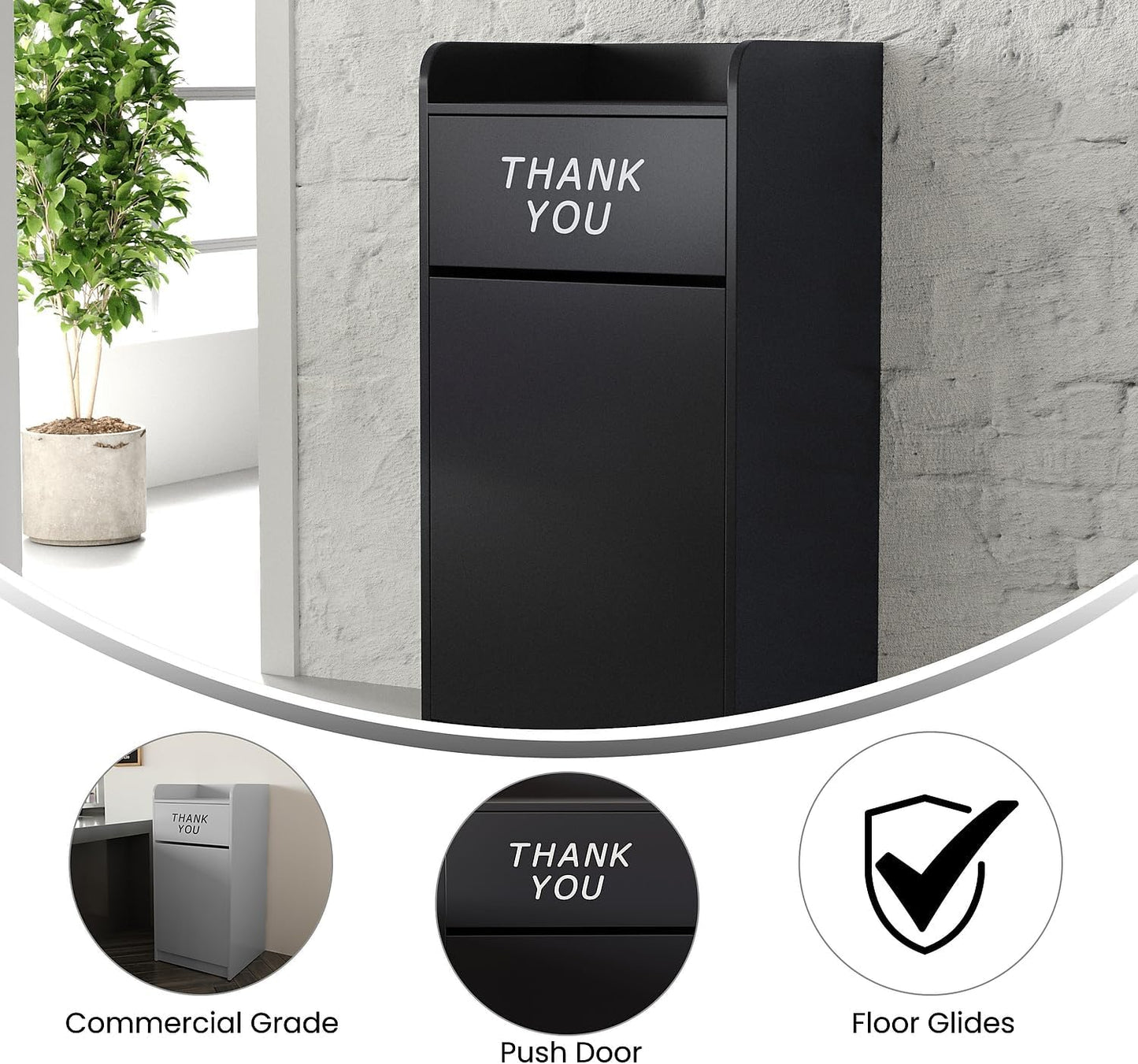 Flash Furniture Sony Laminate Wood Commercial-Grade Trash Receptacle with Tray Top, Wooden Restaurant Trash Can Cabinet and Garbage Receptacle, Black