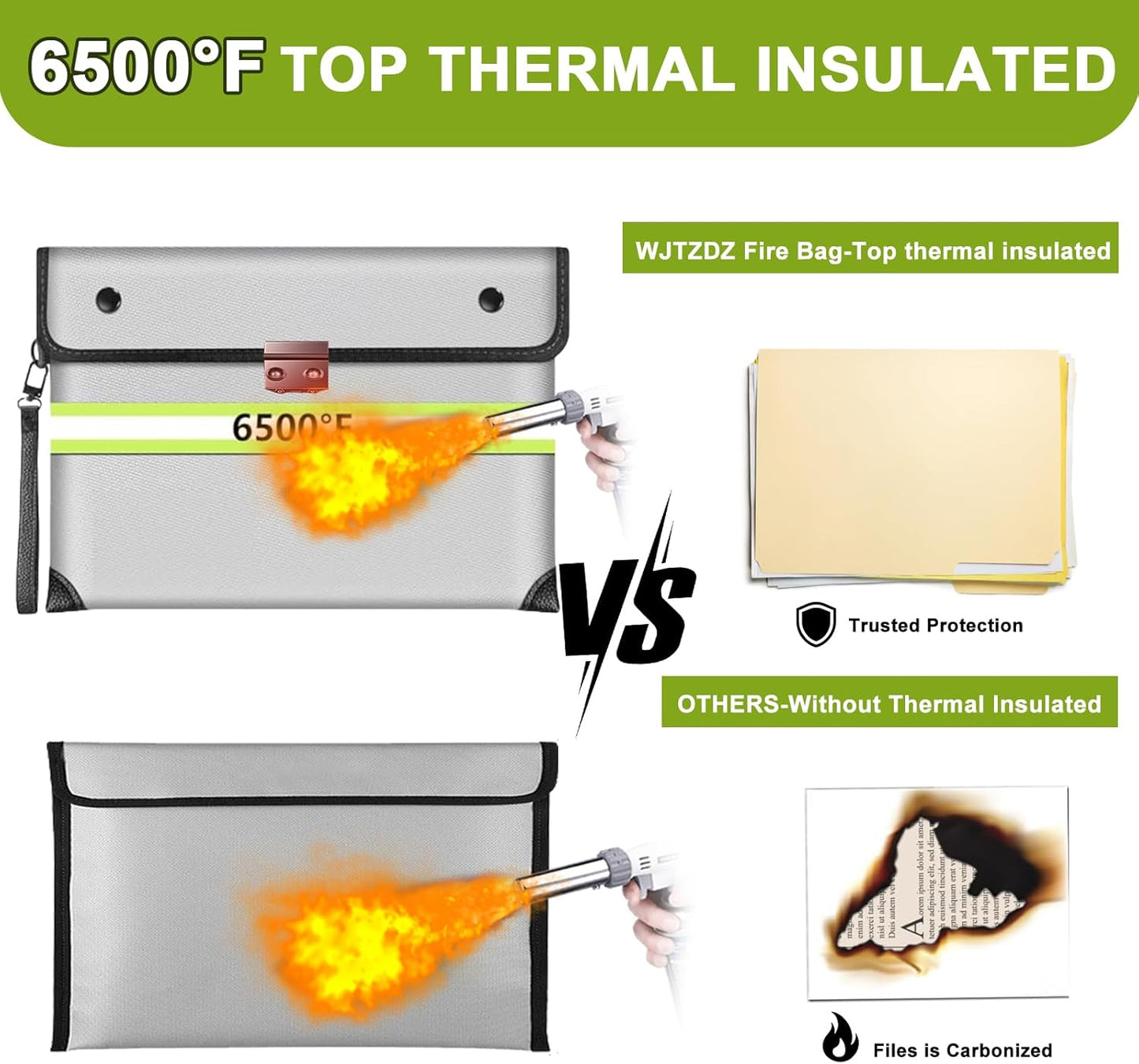 6500°F Fireproof Document Bag with Lock,Upgraded Fireproof/Waterproof Money Bag with Zipper/Reflective Strip,Storage Pouch for A4 Letter Size Document,Cash,Cell Phone,Passport（Not Fit A4 Files）