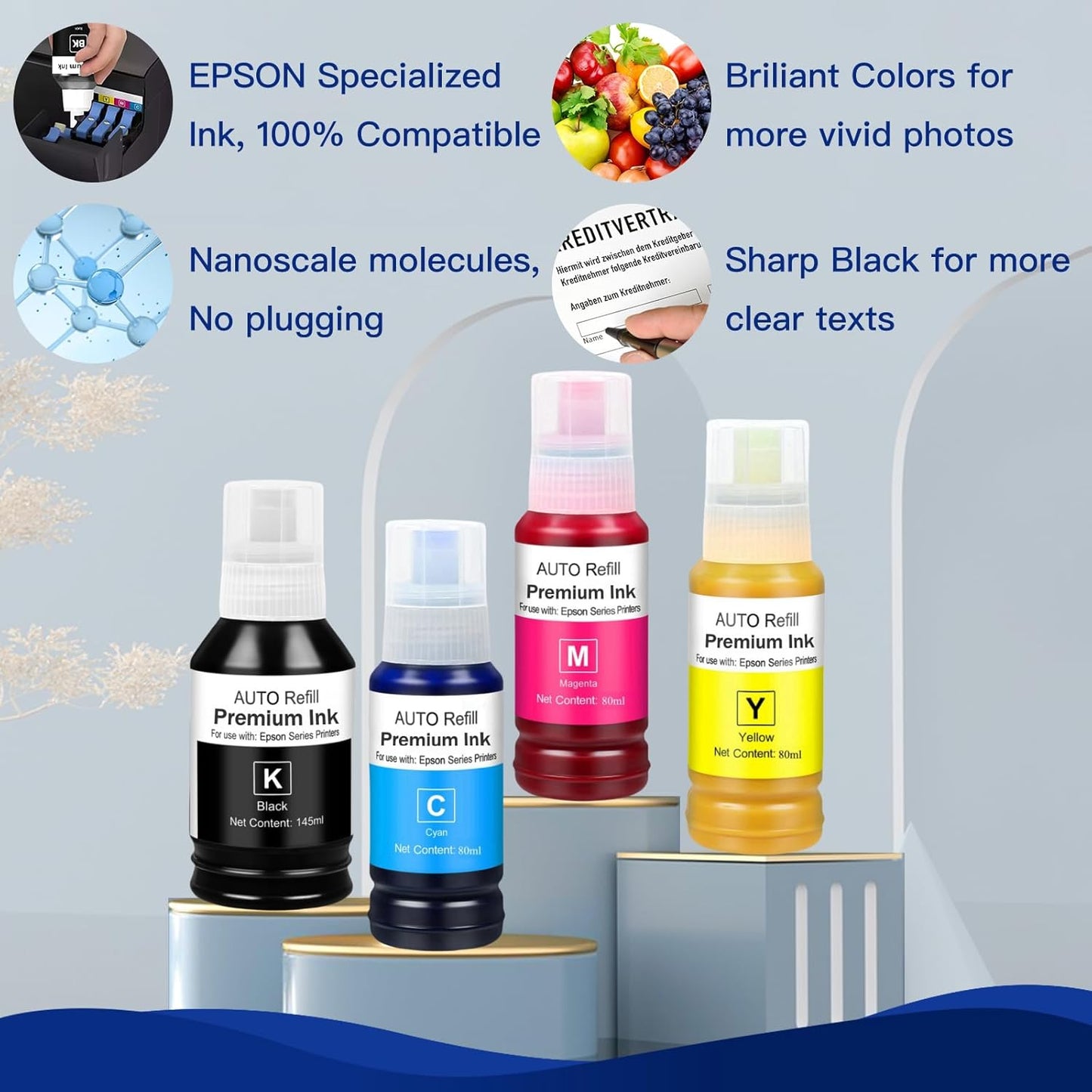 542 Ink Refill Bottles for EcoTank Pro ET-16600, ET-5150, ET-5170, ET-5180, ET-5800, ET-5850, ET-5880, ET-16650, Workforce ST-C8000, ST-C8090（BK C M Y）