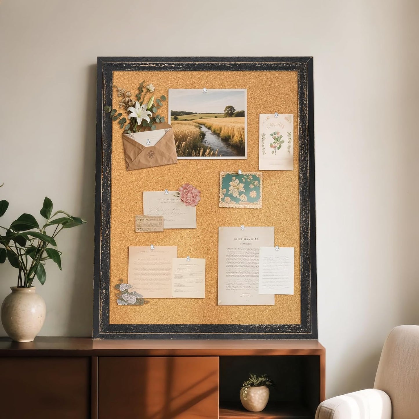 Cork Board Bulletin Board, 30" x 20" Corkboard for Wall, Rustic Black Wooden Frame, Decorative Hanging Pin Board for Home Office Room Decor, 10 Push Pins