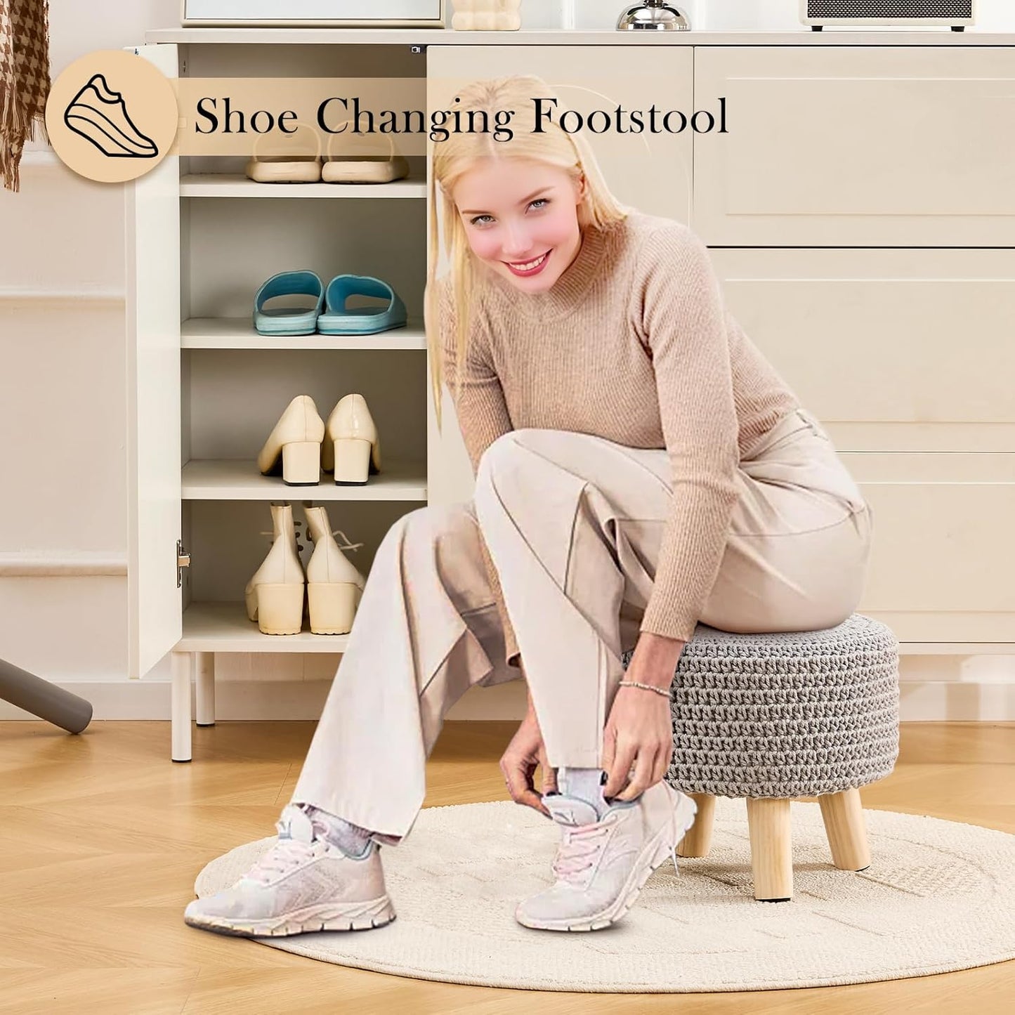 Boho Ottoman Foot Stool Cotton Knitted Round Pouf Ottoman Foot Rest Stool with Non-Skid Wooden Legs Step Stool Padded Seat for Living Room Gray