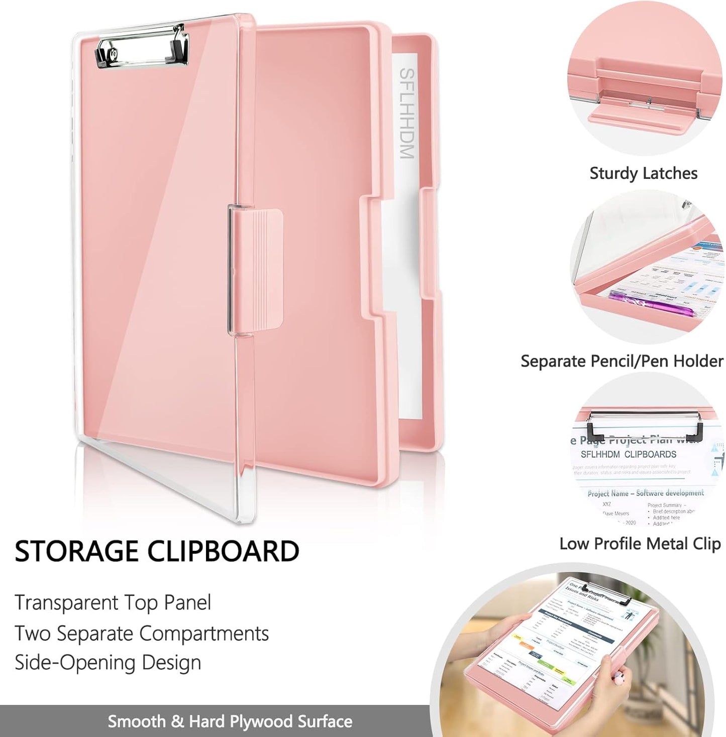 Clipboard with Storage,Heavy Duty Clip Boards 8.5x11 with 2 Storage Case,Clear Visible Top Panel Storage Clipboards,Side Opening Clip Boards,Nursing Clipboard Folder Case for Office Supplies-Pale Pink