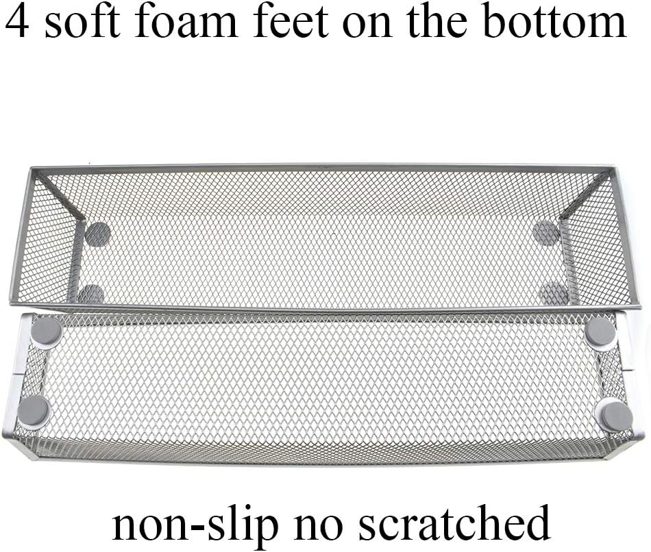 HAHIYO Stackable Mesh Tray Cup 12 x 3 x 2 inches Sturdy Container for Desk Drawer Organizer Collection for Home Office School kitchen Soft Foam Feet No Sharp Edges 2 Pack Silver