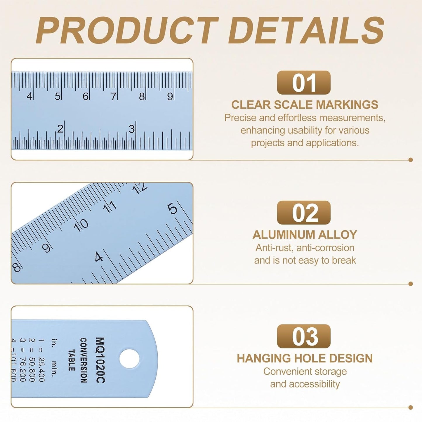 HARFINGTON 4pcs Metal Straight Ruler 30cm Metric SAE Aluminum Alloy Measuring Rulers Scale Tool with Hole for Measure Study Reading Classroom Office, Light Blue