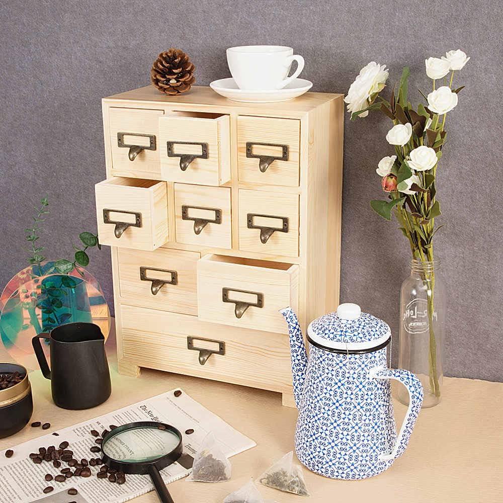 Apothecary Cabinet with 9 Drawers & Labels Rustic Library Card Catalog Cabinet Desktop Wooden Storage Box for Organize Herbal、Tea Bag、Jewelry (Wood)