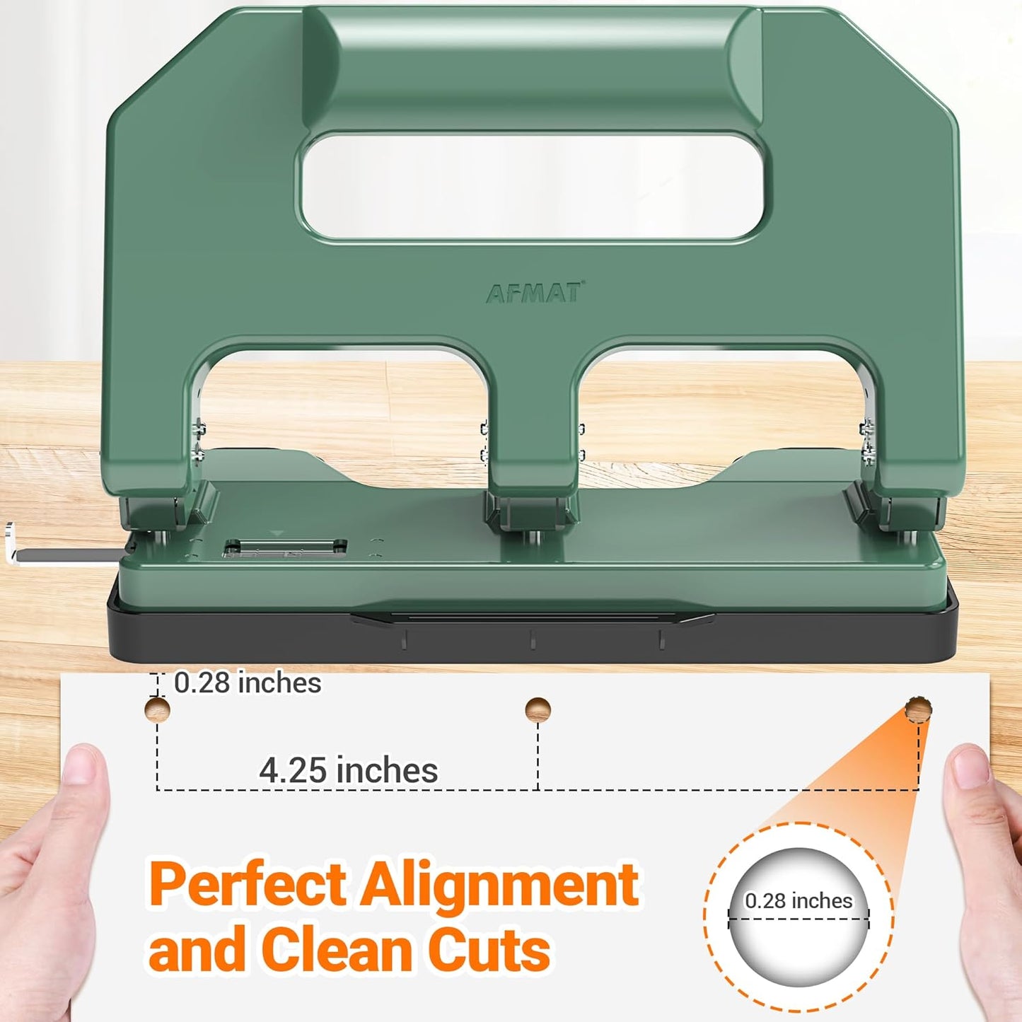 3 Hole Punch Heavy Duty, AFMAT 3 Hole Puncher for Binder, 10000+ Punching Times, 40-Sheet Three Hole Punch, Metal Hole Puncher 3 Ring, 50% Reduced Effort, Bulit-in S.S. Paper Guide, Green