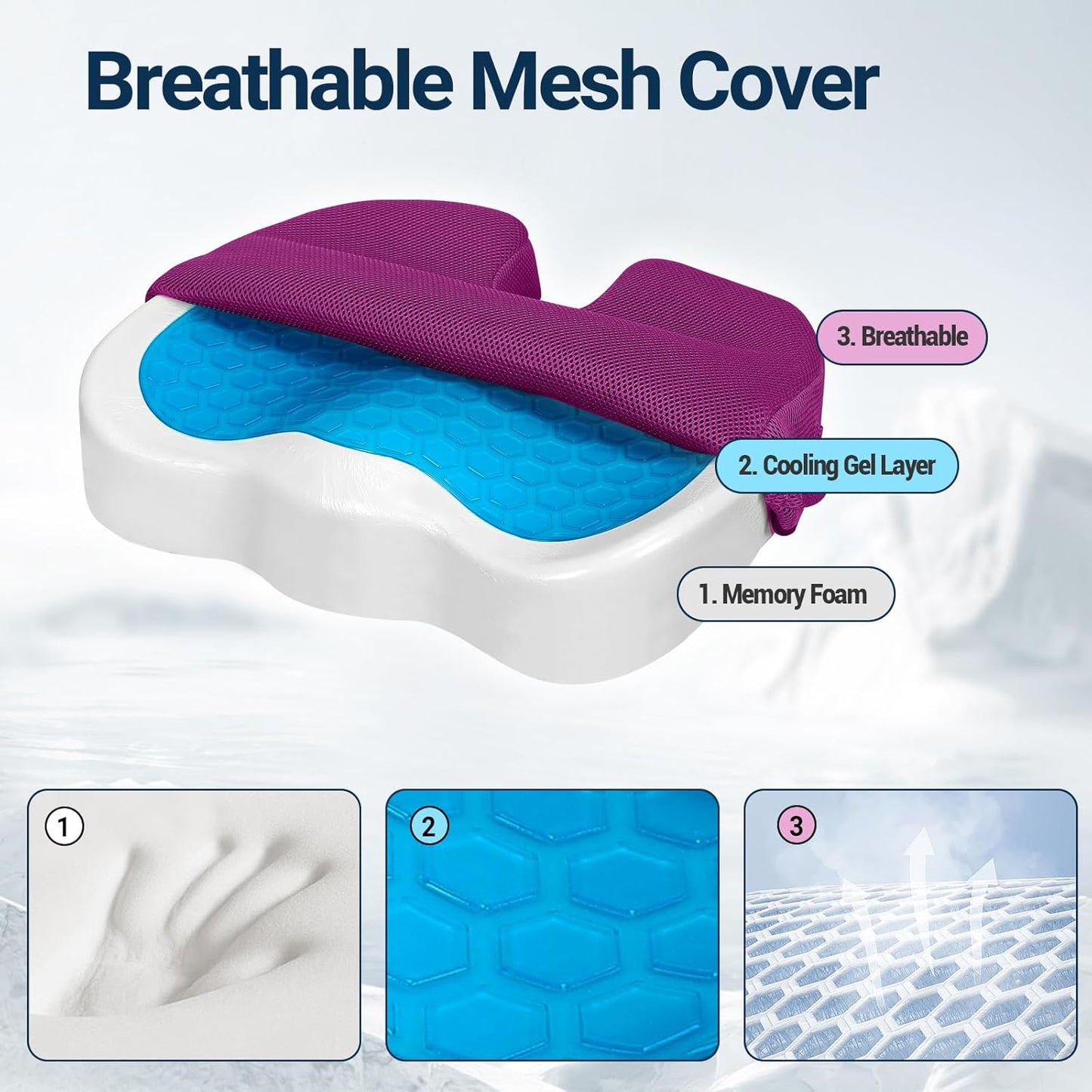 Gel Seat Cushion for Car Office - Memory Foam Pain Relief Chair Pillow Cushions - Tailbone Sciatica Coccyx Butt Lumbar Support Pad for Sitting Driving Traveling, Mesh, Purple