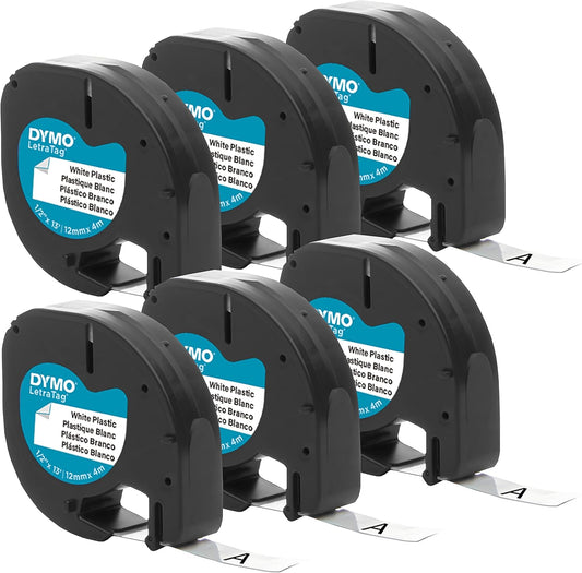 DYMO Authentic LT Plastic Labeling Tape for LetraTag Label Makers, 1/2" (12mm), Black Print On White Tape, 6-Pack