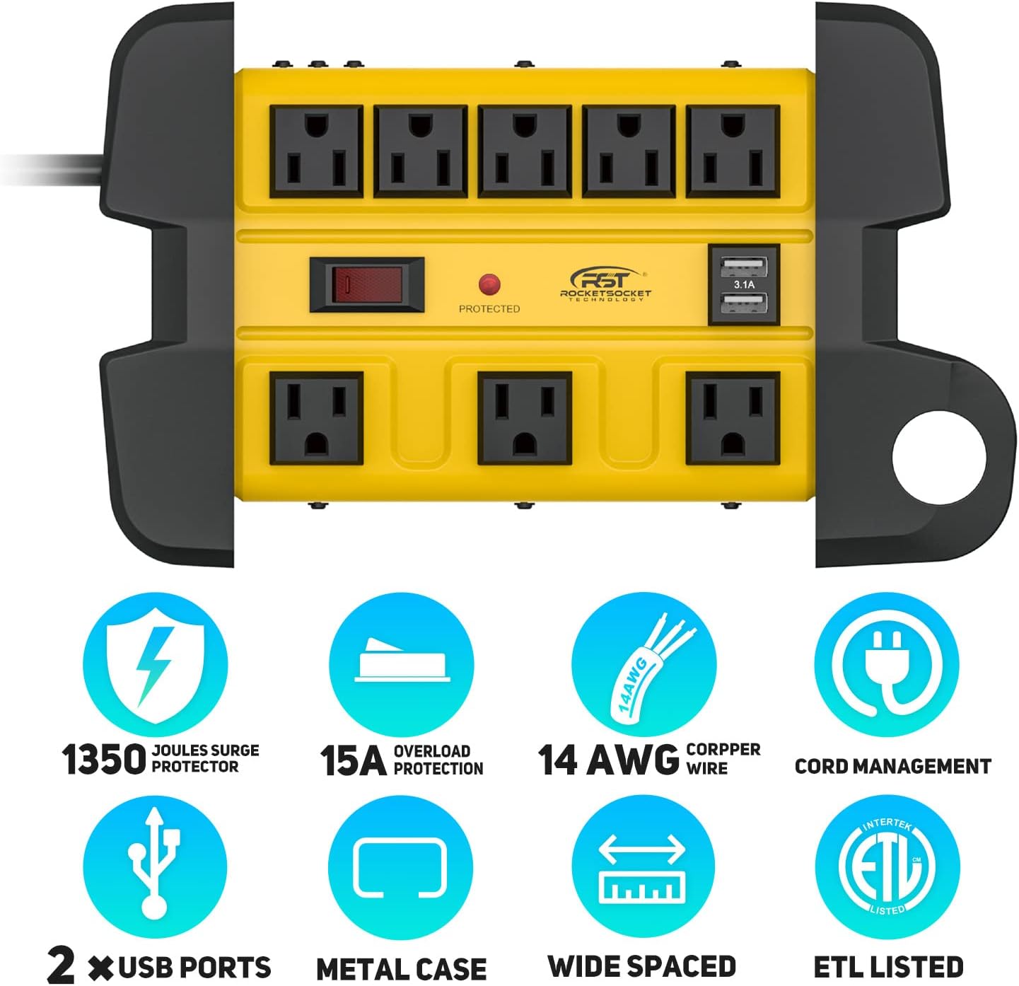 Heavy Duty Surge Protector Power Strip with 2 USB Ports, CRST 8-Outlet Metal Industrial Power Block with 15A Circuit Breaker, 6ft Extension Cord, 1350 Joules for Workshop, Garage, Office, Shop…