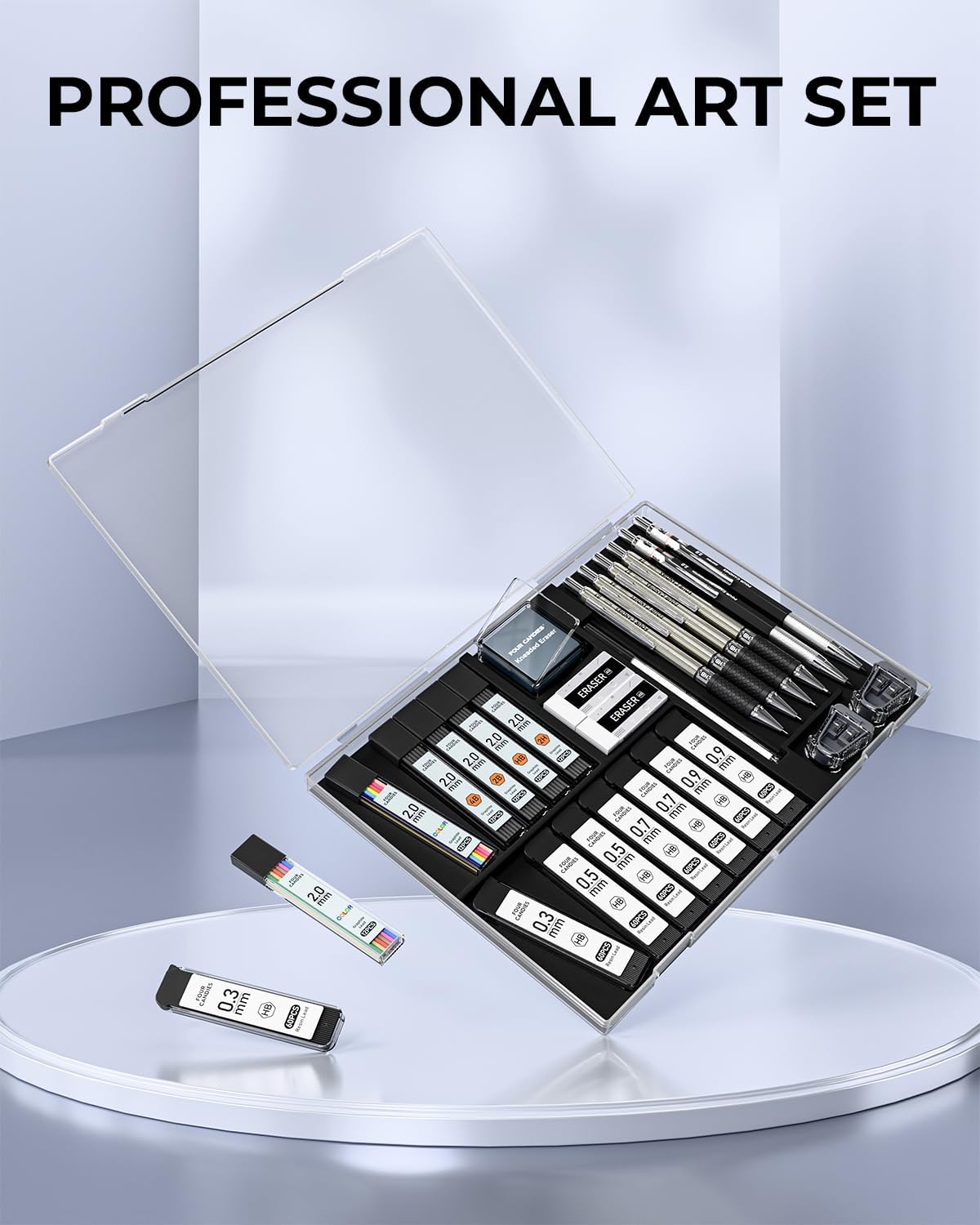 Four Candies 27PCS Art Mechanical Pencil Set with Case, 4PCS Metal Drawing Pencil 0.3, 0.5, 0.7, 0.9 mm & 2PCS 2mm Lead Holder (HB 2H 2B 4B Color) with 552 Graphite Lead Refills for Drawing Sketching