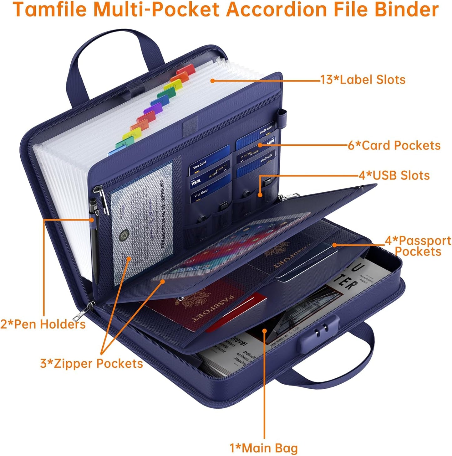 5200℉ Fireproof Accordion File Organizer with Lock, Thickened Document Organizer 13 Pocket with Zipper & Labels, Important Document Organizer, Expanding File Folder with Handle for Letter A4 (Blue)