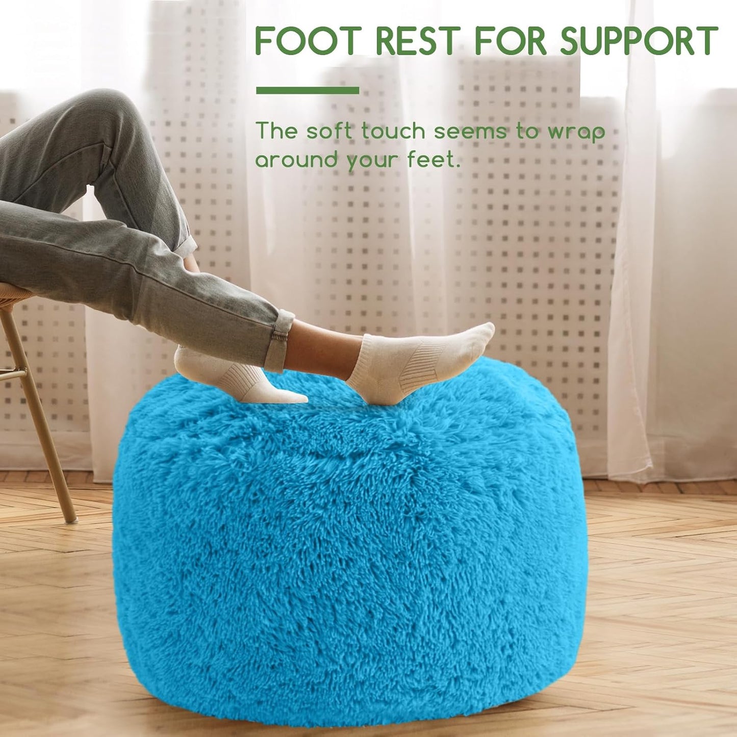 HIGOGOGO Round Stuffed Pouf Ottoman, Long Faux Fur Poufs with Foam Chunk Filling, Fluffy and Furry Pouf Foot Stool Storage Ottoman, 26 X 18 Floor Poufs Foot Rest for Living Room, Blue