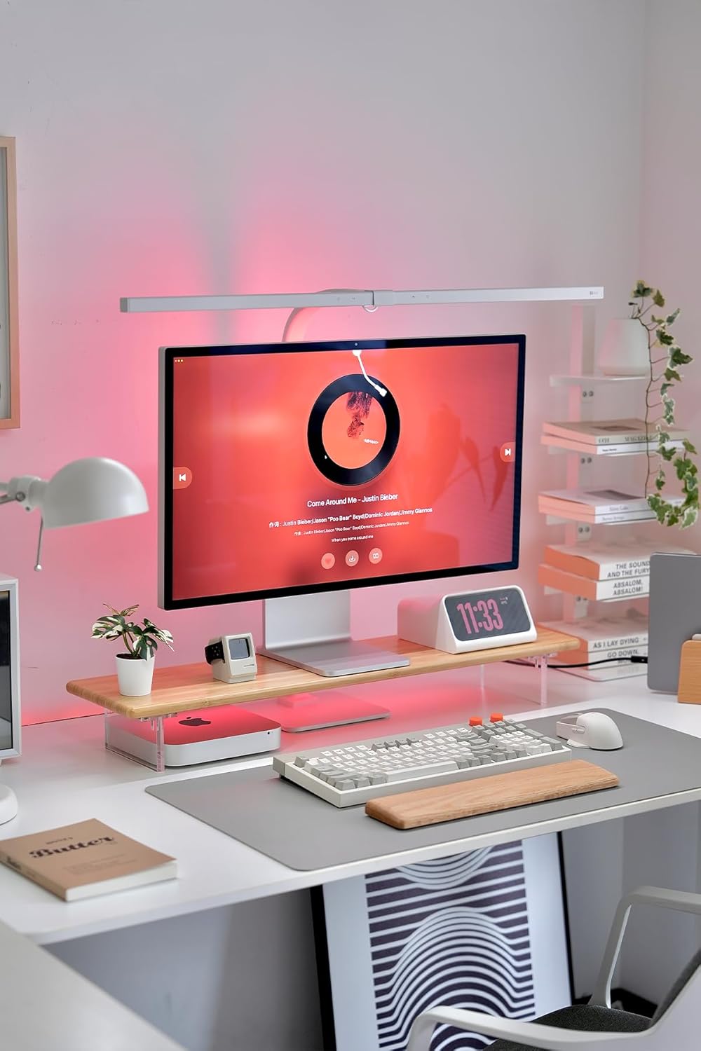 Bamboo Monitor Stand Riser with RGB Lights,31.5 Inches Desktop Shelf with Acrylic Legs Supports for Desk, PC Computer Monitor, Laptops, Printer, Speakers (Natural)