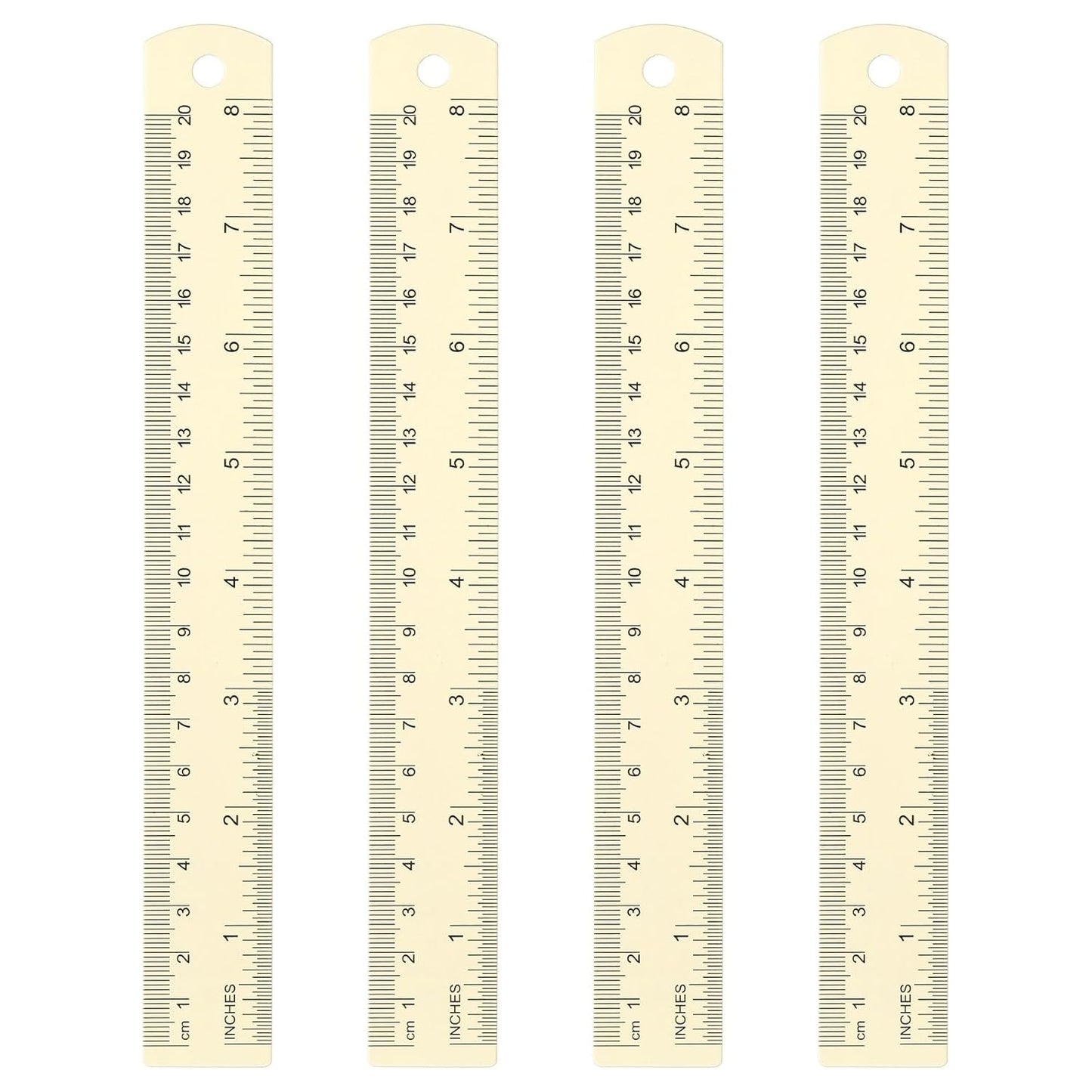 HARFINGTON 4pcs Metal Straight Ruler 20cm Metric SAE Aluminum Alloy Measuring Rulers Scale Tool with Hole for Measure Study Reading Classroom Office, White