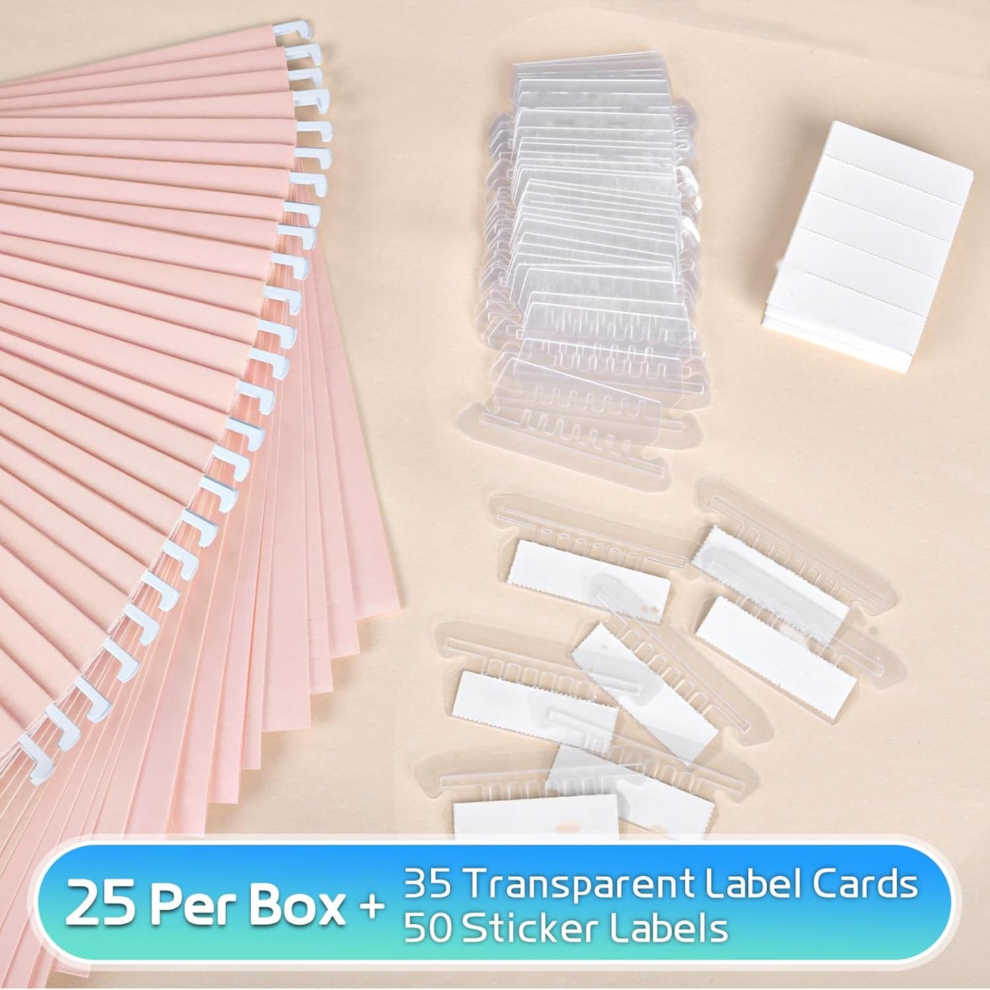 25-Pack Pink Hanging File Folders, Letter Size (8.5" x 11") with 1/5-Cut Tabs,25 Transparent Label Cards & 25 Sticker Labelsfor Home & Office Organization