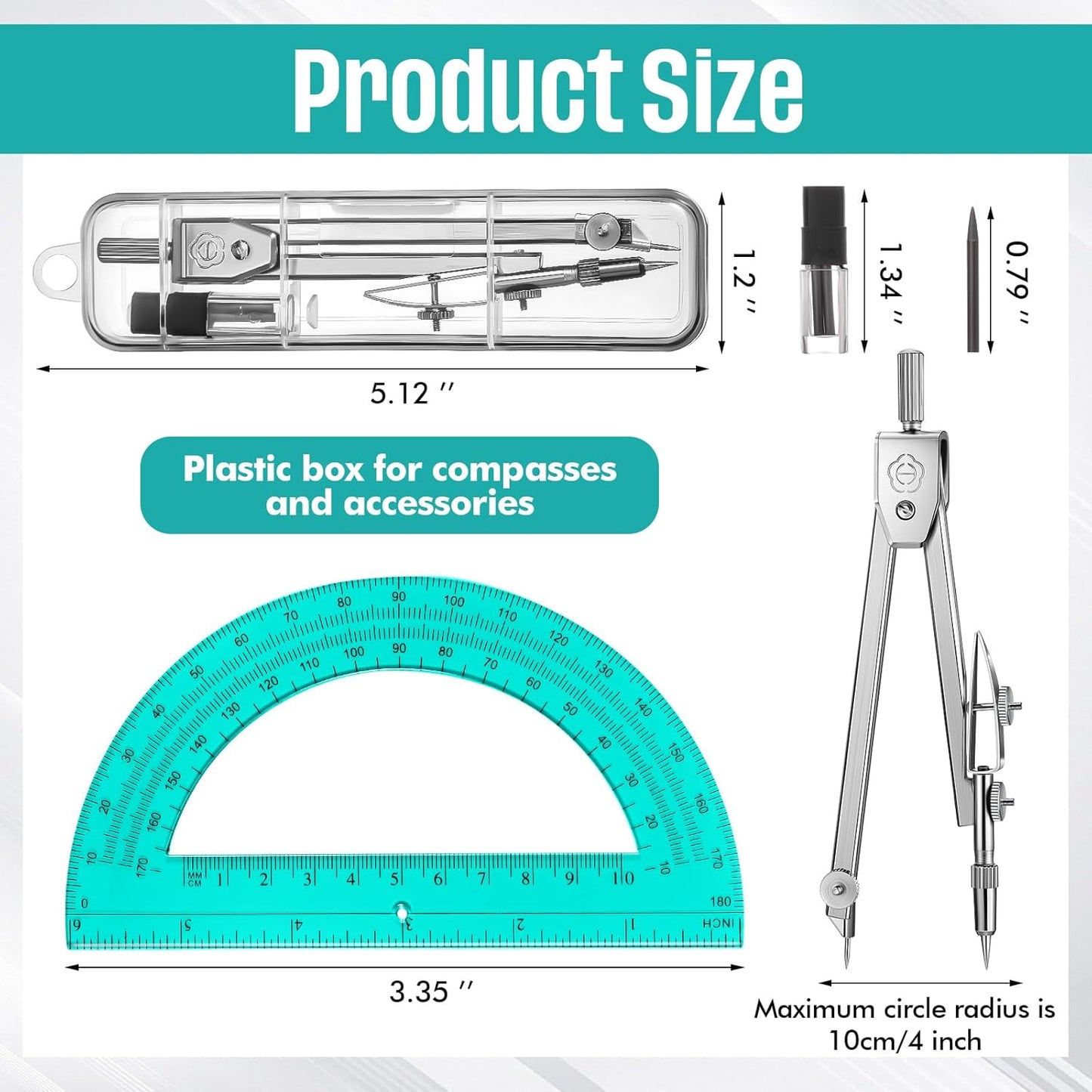 EBOOT Student Geometry Math Set, Drawing Compass and 6 Inch Swing Arm Protractor 180 Degree Math Protractor(Turquoise)