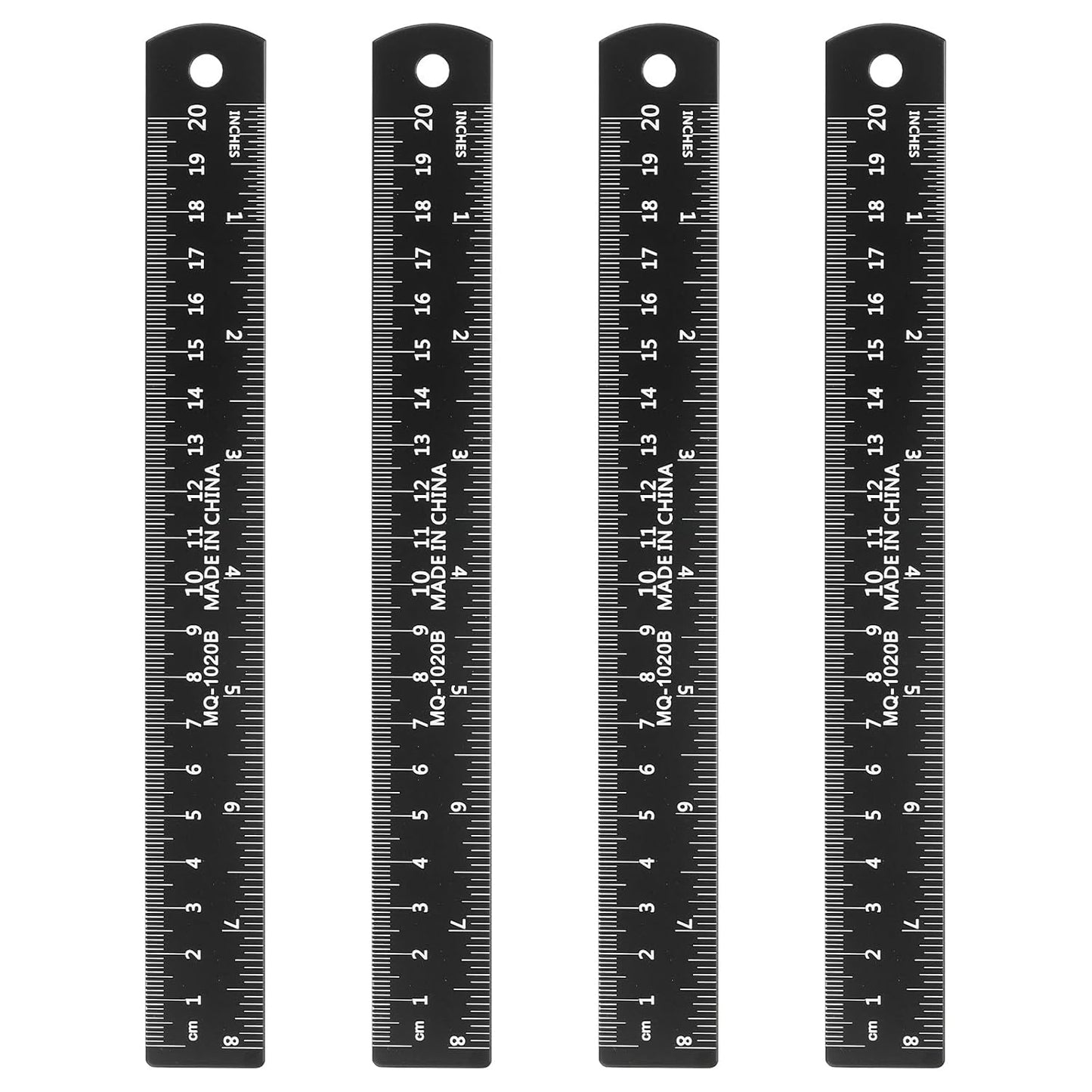 HARFINGTON 4pcs Metal Straight Ruler 20cm Metric SAE Aluminum Alloy Measuring Rulers Scale Tool with Hole for Measure Study Reading Classroom Office, Black